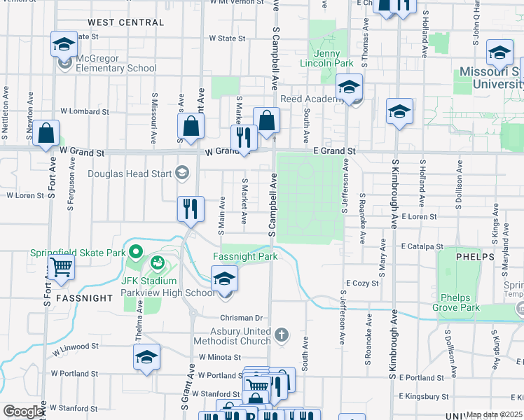 map of restaurants, bars, coffee shops, grocery stores, and more near 419 West Loren Street in Springfield