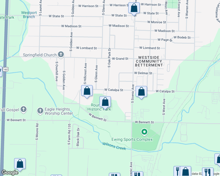map of restaurants, bars, coffee shops, grocery stores, and more near 1164 South Oak Park Drive in Springfield