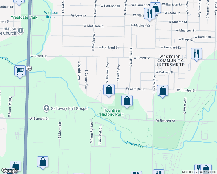 map of restaurants, bars, coffee shops, grocery stores, and more near 2941 West Catalpa Street in Springfield