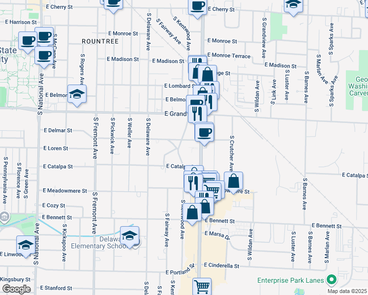 map of restaurants, bars, coffee shops, grocery stores, and more near 1114 South Kentwood Avenue in Springfield