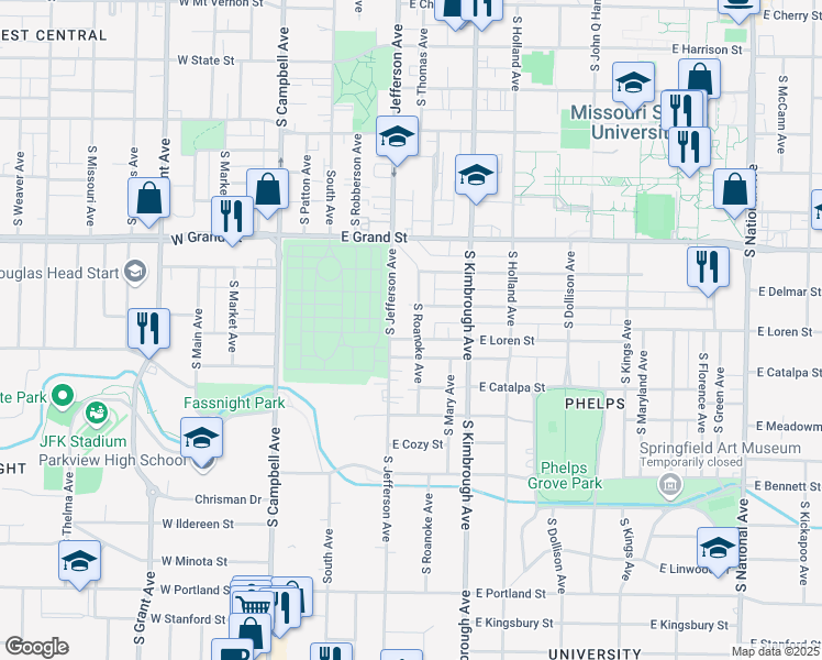 map of restaurants, bars, coffee shops, grocery stores, and more near 1121 South Roanoke Avenue in Springfield