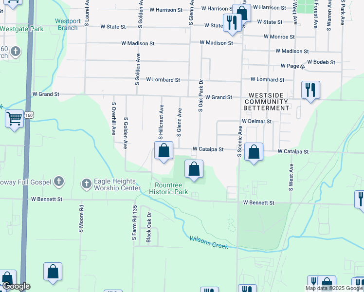 map of restaurants, bars, coffee shops, grocery stores, and more near 1166 South Glenn Avenue in Springfield