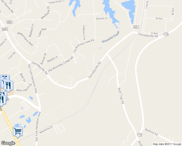 map of restaurants, bars, coffee shops, grocery stores, and more near 100 Rocky Road in Yorktown