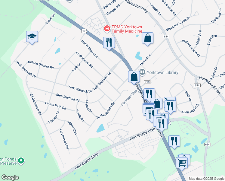 map of restaurants, bars, coffee shops, grocery stores, and more near 303 Cockletown Rd in Yorktown