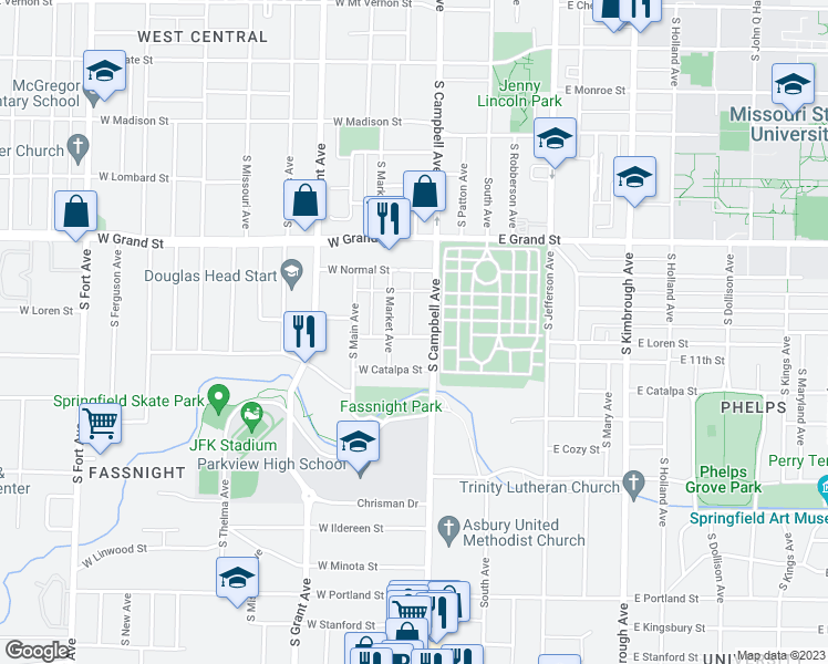 map of restaurants, bars, coffee shops, grocery stores, and more near 419 West Loren Street in Springfield