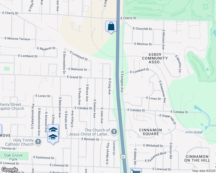 map of restaurants, bars, coffee shops, grocery stores, and more near 1038 South John Avenue in Springfield