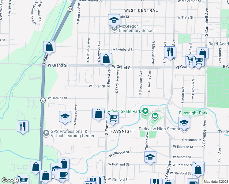 map of restaurants, bars, coffee shops, grocery stores, and more near 1117 South Ferguson Avenue in Springfield