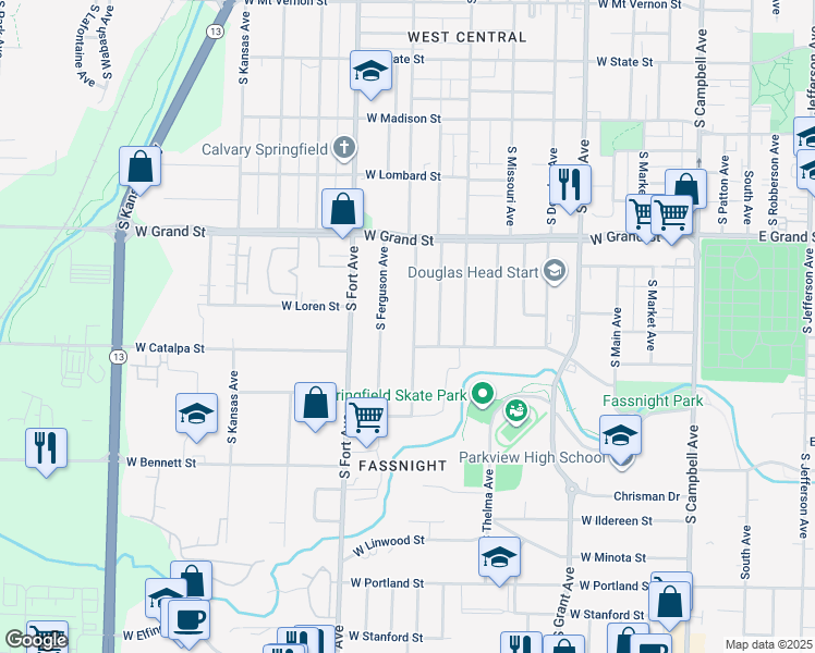 map of restaurants, bars, coffee shops, grocery stores, and more near 1119 South New Avenue in Springfield