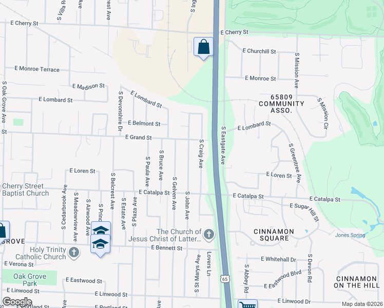 map of restaurants, bars, coffee shops, grocery stores, and more near 1038 South John Avenue in Springfield