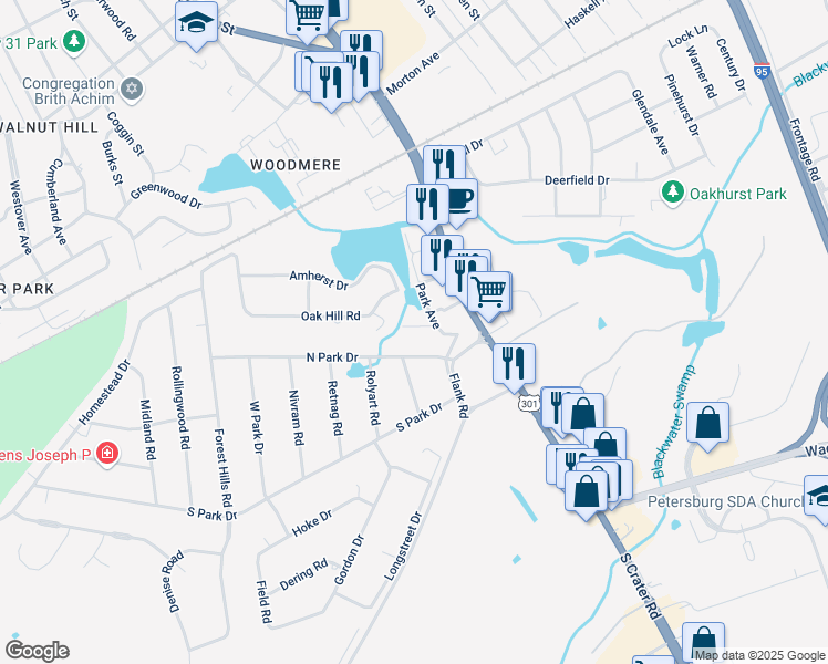 map of restaurants, bars, coffee shops, grocery stores, and more near 2732 Park Avenue in Petersburg