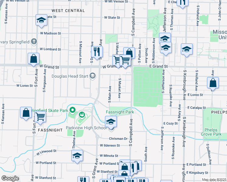 map of restaurants, bars, coffee shops, grocery stores, and more near 525 West Loren Street in Springfield