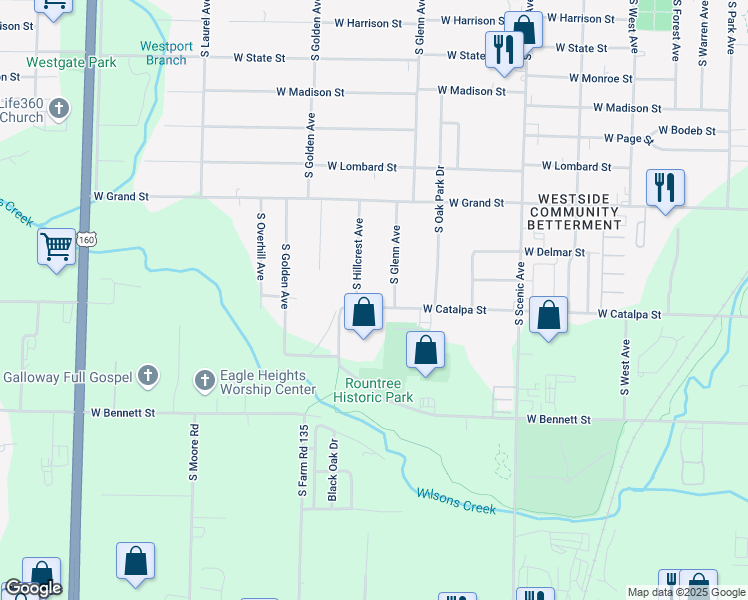 map of restaurants, bars, coffee shops, grocery stores, and more near 2941 West Catalpa Street in Springfield