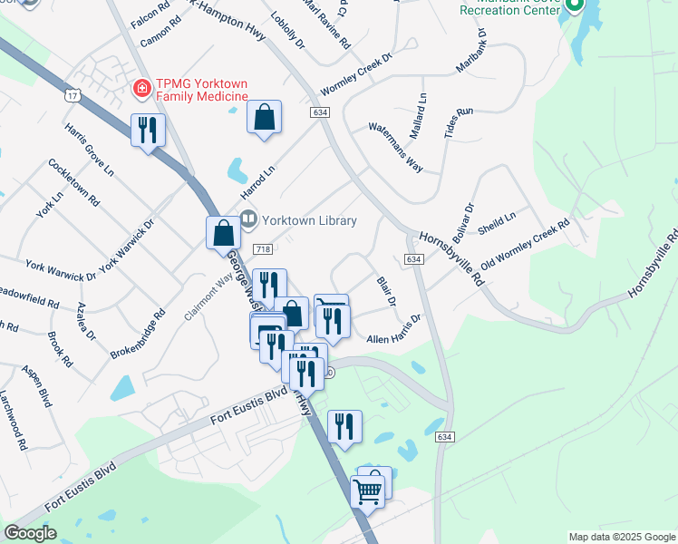 map of restaurants, bars, coffee shops, grocery stores, and more near 107 Allen Harris Drive in Yorktown