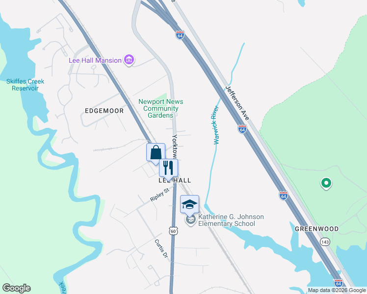 map of restaurants, bars, coffee shops, grocery stores, and more near 38 Yorktown Rd in Newport News