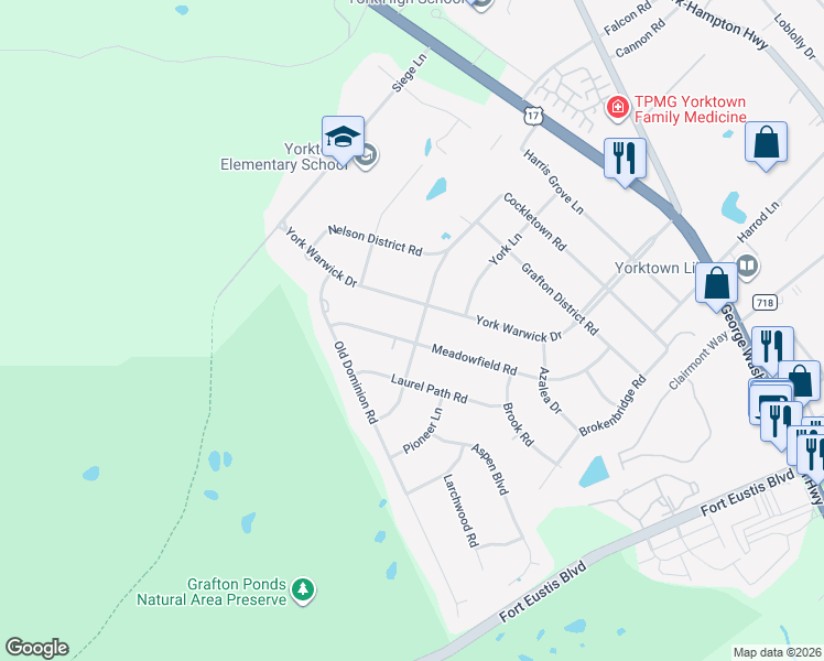 map of restaurants, bars, coffee shops, grocery stores, and more near 500 Meadowfield Rd in Yorktown