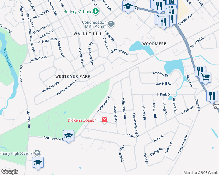 map of restaurants, bars, coffee shops, grocery stores, and more near 2809 Homestead Drive in Petersburg