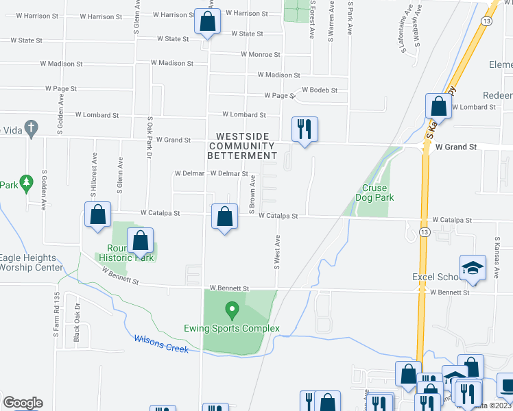 map of restaurants, bars, coffee shops, grocery stores, and more near 1144 South Brown Avenue in Springfield