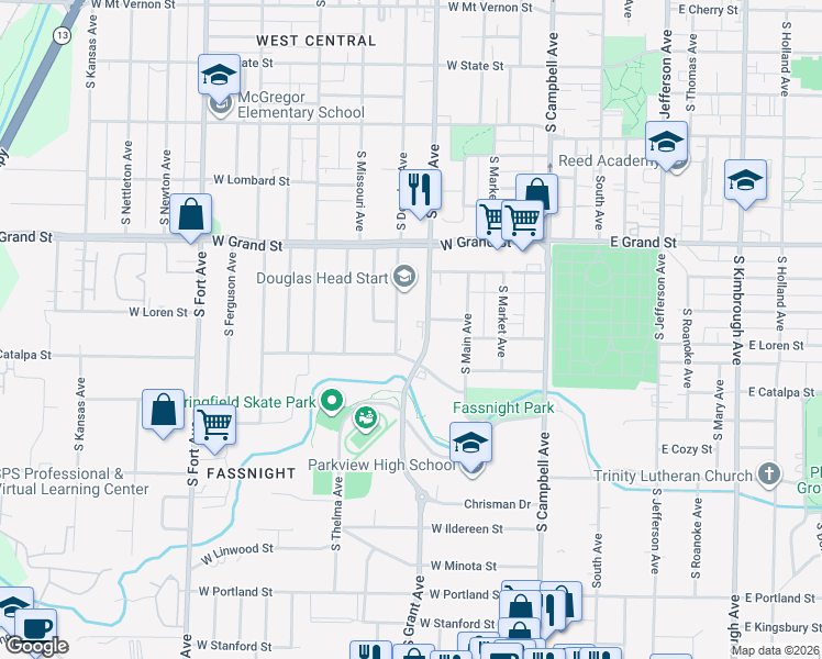 map of restaurants, bars, coffee shops, grocery stores, and more near 1111 South Grant Avenue in Springfield