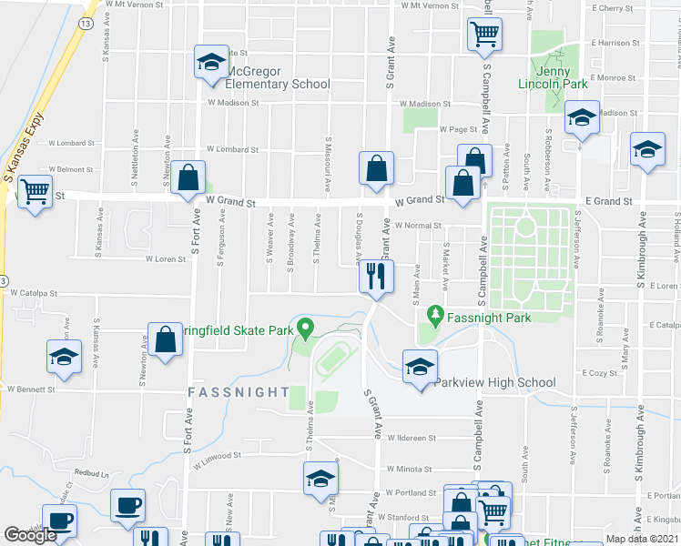 map of restaurants, bars, coffee shops, grocery stores, and more near 820 West Delmar Street in Springfield