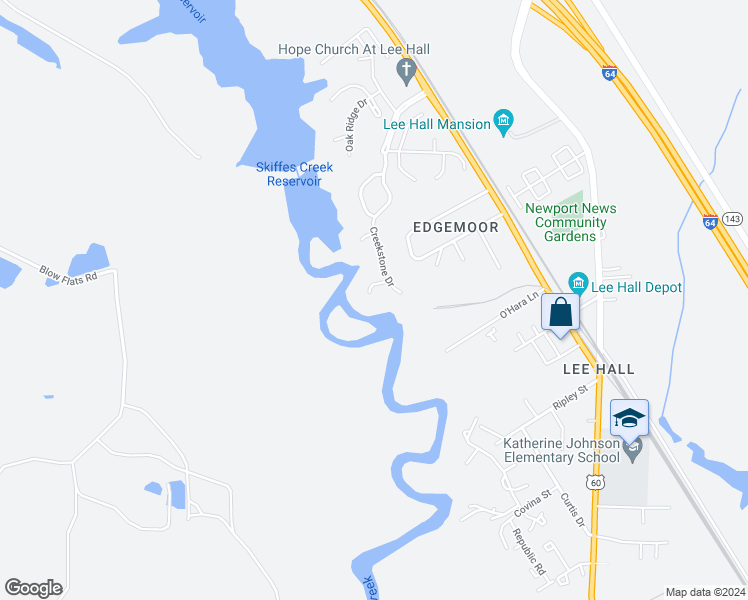 map of restaurants, bars, coffee shops, grocery stores, and more near 24 Creekpoint Cove in Newport News