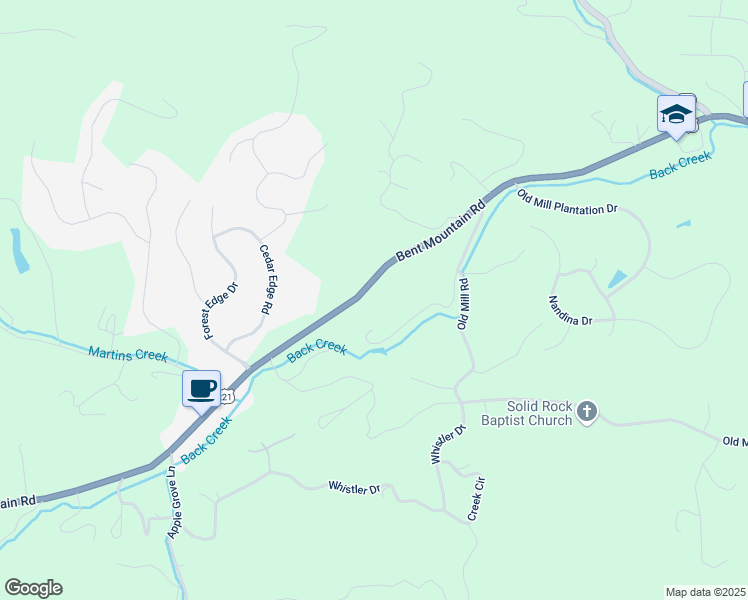 map of restaurants, bars, coffee shops, grocery stores, and more near 7642 Bent Mountain Road in Roanoke