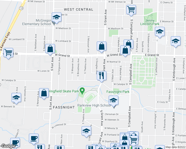 map of restaurants, bars, coffee shops, grocery stores, and more near 814 West Delmar Street in Springfield