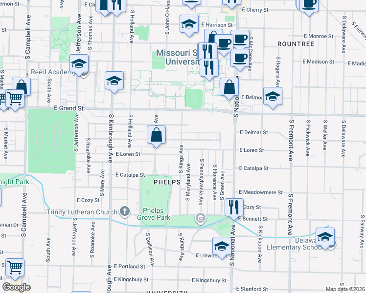 map of restaurants, bars, coffee shops, grocery stores, and more near 1010 East Loren Street in Springfield