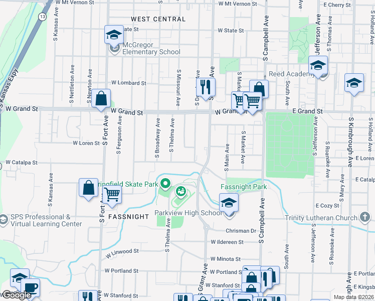 map of restaurants, bars, coffee shops, grocery stores, and more near 820 West Delmar Street in Springfield