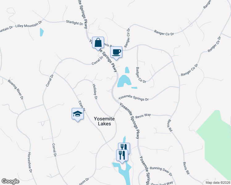 map of restaurants, bars, coffee shops, grocery stores, and more near 30685 Yosemite Springs Parkway in Coarsegold
