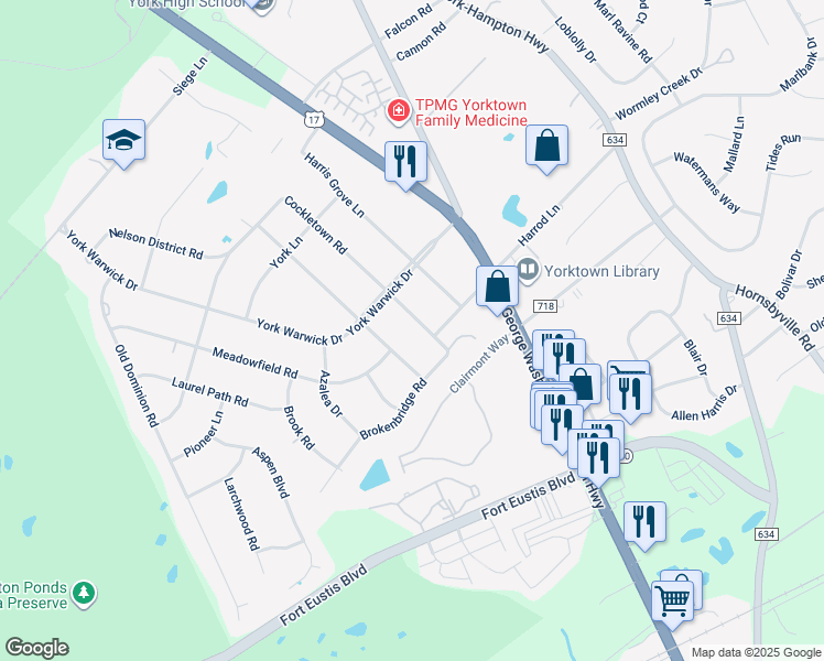map of restaurants, bars, coffee shops, grocery stores, and more near 305 Cockletown Road in Yorktown