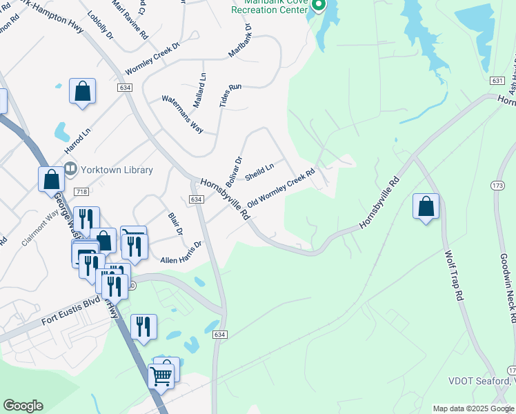 map of restaurants, bars, coffee shops, grocery stores, and more near 108 Old Wormley Creek Road in Yorktown
