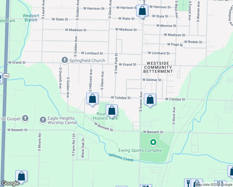map of restaurants, bars, coffee shops, grocery stores, and more near 1154 South Oak Park Drive in Springfield