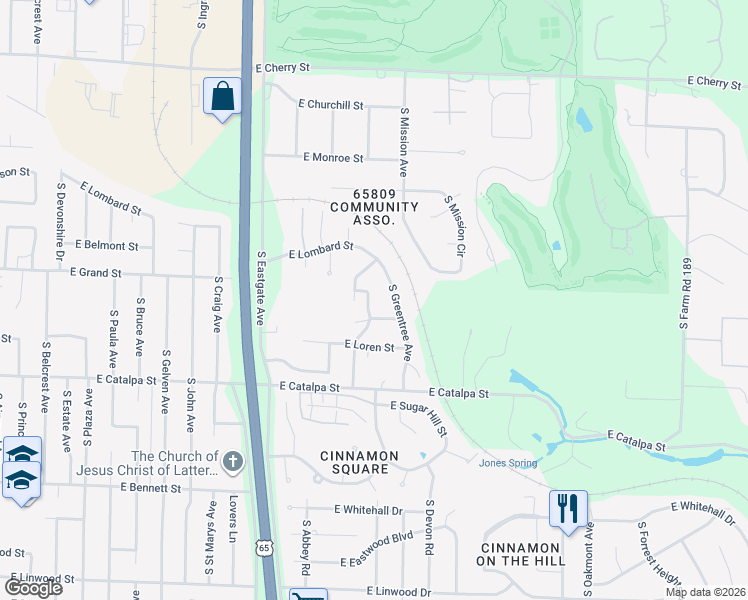 map of restaurants, bars, coffee shops, grocery stores, and more near 3565 East Delmar Street in Springfield
