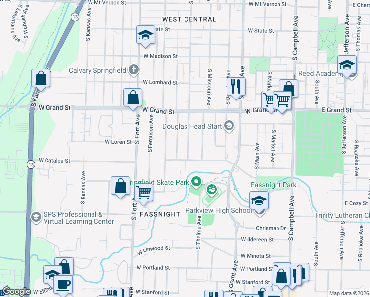 map of restaurants, bars, coffee shops, grocery stores, and more near 1120 South Weaver Avenue in Springfield