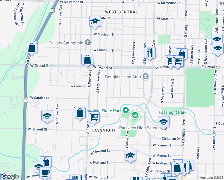 map of restaurants, bars, coffee shops, grocery stores, and more near 1120 South Weaver Avenue in Springfield