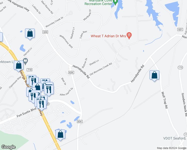 map of restaurants, bars, coffee shops, grocery stores, and more near 108 Old Wormley Creek Road in Yorktown