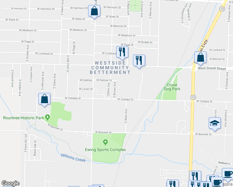map of restaurants, bars, coffee shops, grocery stores, and more near 1140 South Brown Avenue in Springfield
