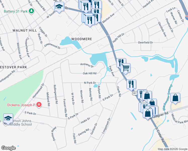 map of restaurants, bars, coffee shops, grocery stores, and more near 310 Oak Hill Road in Petersburg