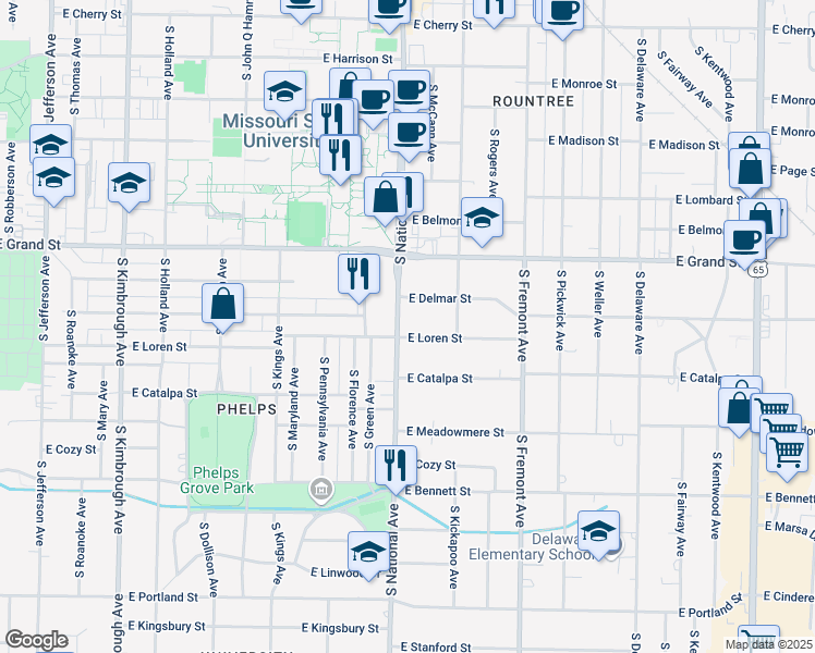 map of restaurants, bars, coffee shops, grocery stores, and more near 1201 East Loren Street in Springfield