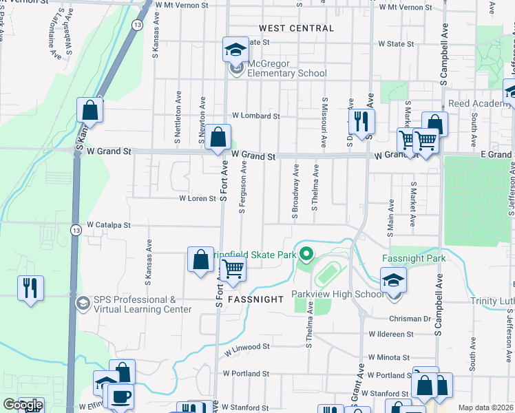 map of restaurants, bars, coffee shops, grocery stores, and more near 1119 South New Avenue in Springfield