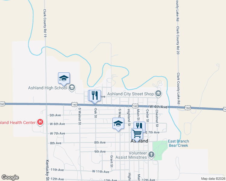 map of restaurants, bars, coffee shops, grocery stores, and more near 206 North Grant Street in Ashland