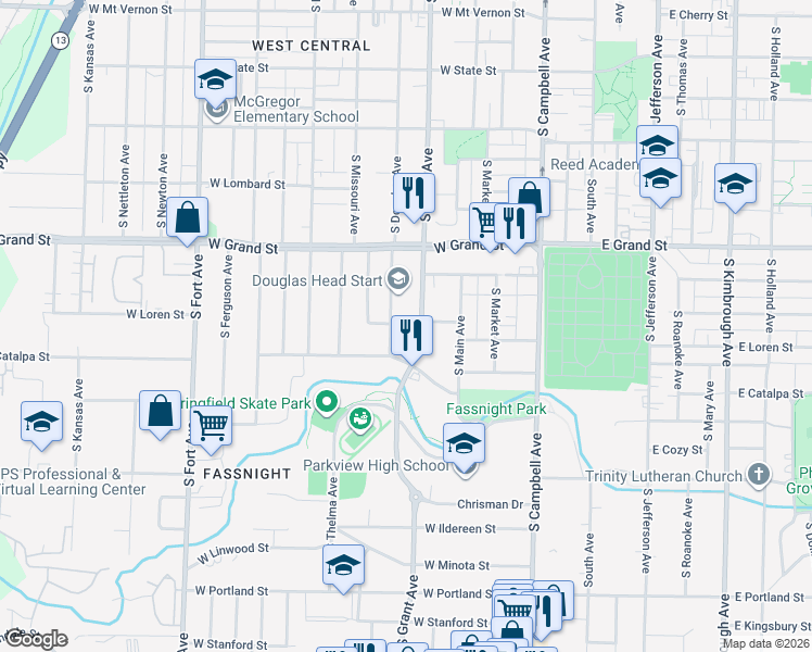 map of restaurants, bars, coffee shops, grocery stores, and more near 1111 S Grant Ave in Springfield