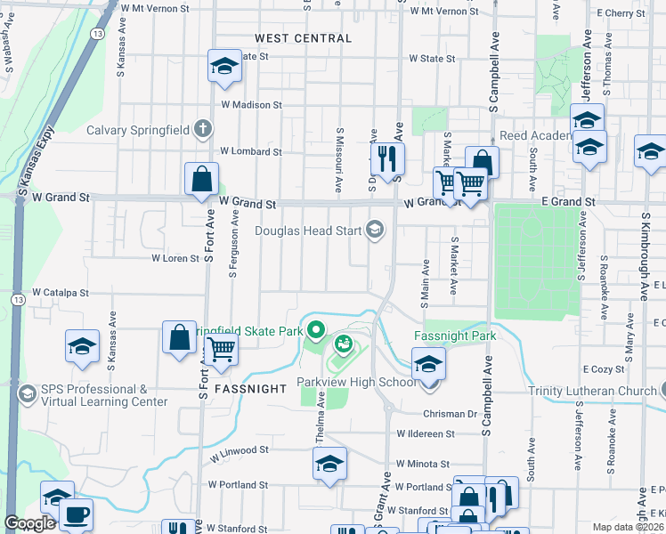 map of restaurants, bars, coffee shops, grocery stores, and more near 820 West Delmar Street in Springfield