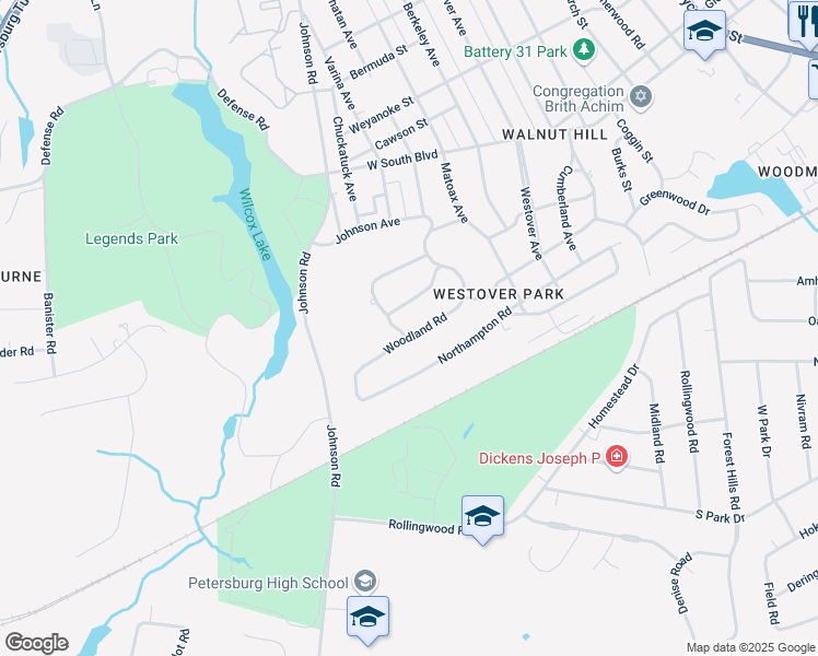 map of restaurants, bars, coffee shops, grocery stores, and more near 2055 Overbrook Road in Petersburg