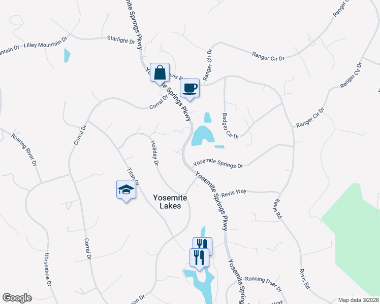 map of restaurants, bars, coffee shops, grocery stores, and more near 30685 Yosemite Springs Parkway in Coarsegold