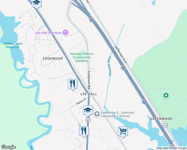 map of restaurants, bars, coffee shops, grocery stores, and more near 38 Yorktown Road in Newport News