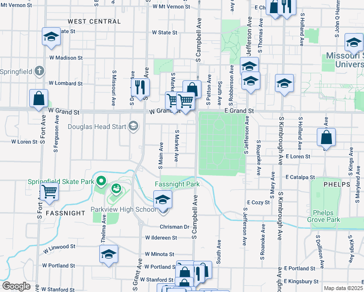 map of restaurants, bars, coffee shops, grocery stores, and more near 419 West Loren Street in Springfield