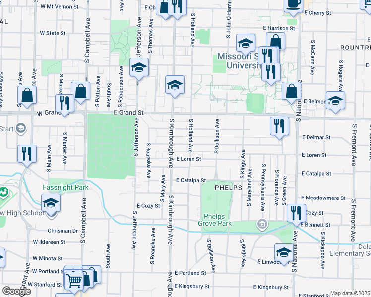 map of restaurants, bars, coffee shops, grocery stores, and more near 615 East Loren Street in Springfield