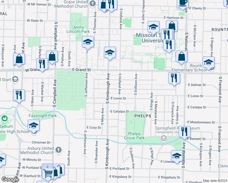 map of restaurants, bars, coffee shops, grocery stores, and more near 620 East Delmar Street in Springfield
