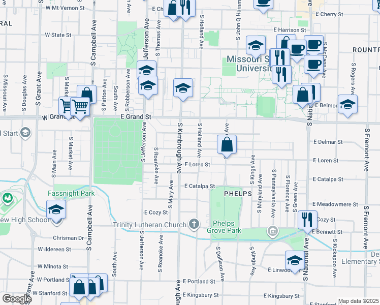 map of restaurants, bars, coffee shops, grocery stores, and more near 615 East Loren Street in Springfield